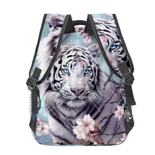 White Tiger Backpack,Cherry Blossom Polyester Backpacks,Lightweight Double Shoulder Back Pack for Kids Teens,Cool Animal Bookbag,School Bag Gifts,Casual Travel Daypack Book Packs - color: White Tiger