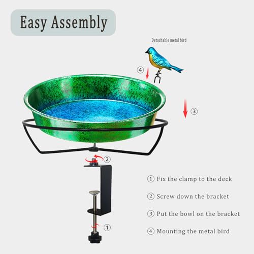 Metal Deck Bird Bath for Balcony Railing, Metallic Green & Blue 11.5” Bathing Bowl & Feeder with Adjustable Steel Clamp Outdoor Garden Decor Yard Art (0.7 Gallon) - color: Metallic Green/Blue