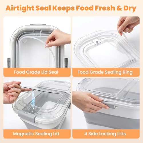 30 Lbs Rice Container, Collapsible Dog Food Storage Container | Airtight Cat Food Container with Wheels, Transparent Lid, Measuring Cup, Scoop and Handle, BPA Free for Pet Food, Bird Seed - size: 29lbs