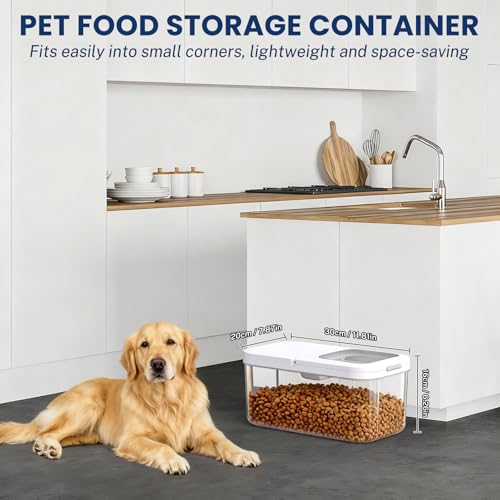 LEAWALK 6 Lbs Airtight Dog Cat Food Storage Container and Dog Treat Containers BPA-Free, PET Clear Stackable Pet Storage Bin, 1-Cup Scoop, 1-Sponge cleaning brush, Pop Top, With handle, Easy Mobility - color: Milky White 6L-A