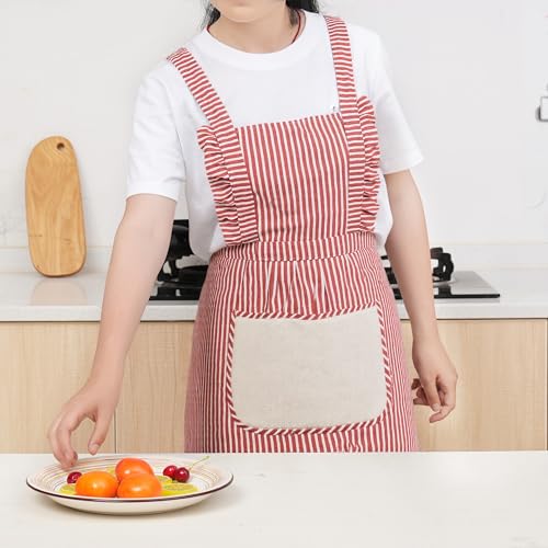 Cute Cotton Apron for Women, Adjustable Bib Cooking Kitchen Aprons with Pockets for BBQ Drawing Baking - color: Red