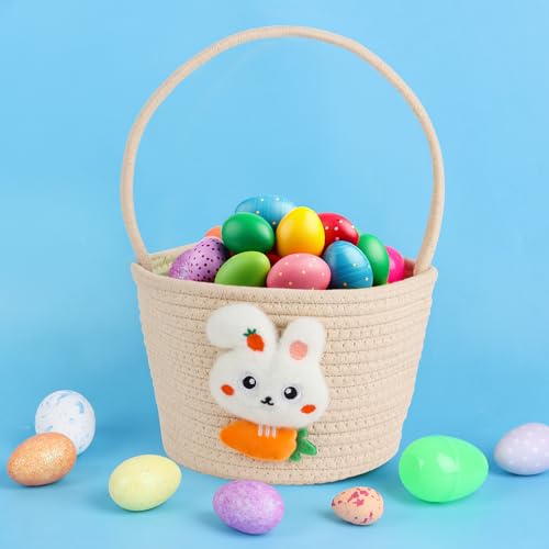 FOIMAS Easter Egg Basket,Easter Bunny Woven Basket for Boys Girls Easter Egg Hunts Game Party Gifts Home School Yard Garden White