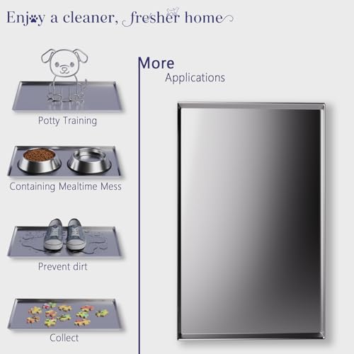 Metal Dog Crate Tray Replacement Pan - Stainless Steel, Chew-Proof & Safe | One-piece stainless steel tray with noise-dampening pads – leak-proof, odor-free, ideal for heavy chewers & potty training - size: 34.7"L x 21.7"W x 1"H