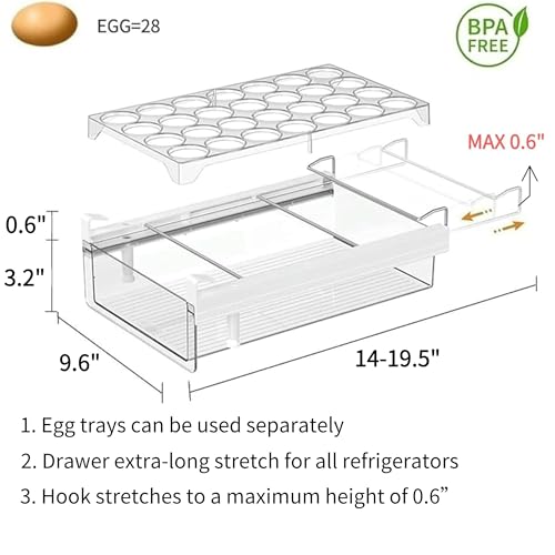 Fridge 28 Egg Drawer Pull Out,Clear Egg Holder Tray for Refrigerator With Handle, Refrigerator Organizer Bins Heavy Duty-L With Egg Tray