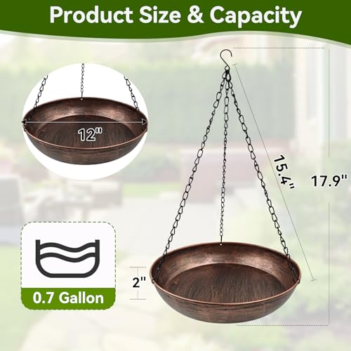 12" Metal Hanging Bird Bath with Chains and Hook | 2" Deep Bowl, 0.7Gal Capacity, 3 Chain Support, Easy Cleaning, Rust Resistant, Garden Decor - size: 12"