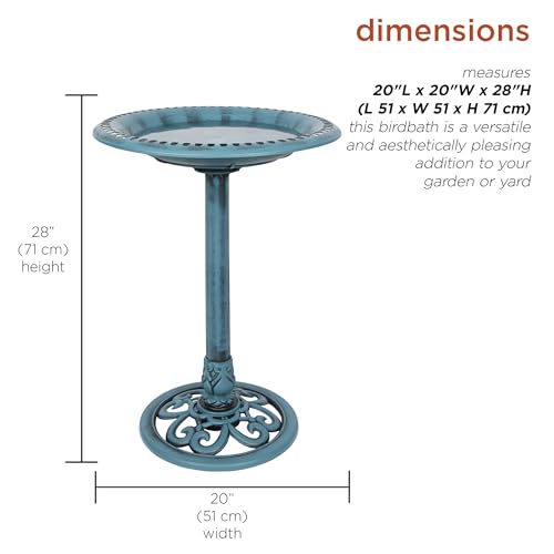 Alpine Corporation TEC116BL Pedestal Birdbath with Scrollwork Base and Ground Stakes, Décor for Lawn & Garden, 28" H, Blue - color: Blue Birdbath