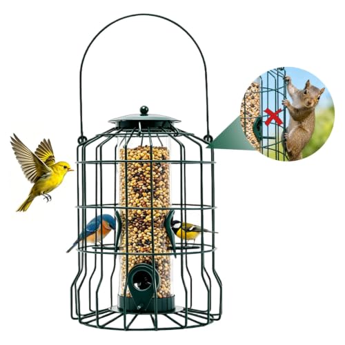 Squirrel Proof Bird Feeder, Metal Caged Outdoor Hanging Seed Feeder with Rainproof Cover & 4 Feeding Ports, Chew Proof Weather Resistant Easy Clean Garden Yard Feeder for Small Wild Birds