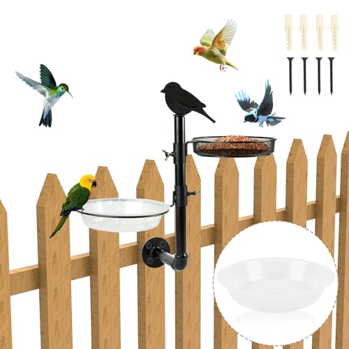 Wall Mounted Bird Feeder Fence Bird Feeder Platform with Metal Seed Tray and 2 Bird Bath Bowls Fence Tree Mount Bird Feeder Porch for Outside, Great for Attracting Wild Bird