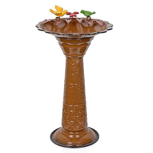 Alpine Corporation ORS112BR Vintage Outdoor Shallow Bowl Metal Pedestal Birdbath with Stand, 28" H, Brown - color: Brown