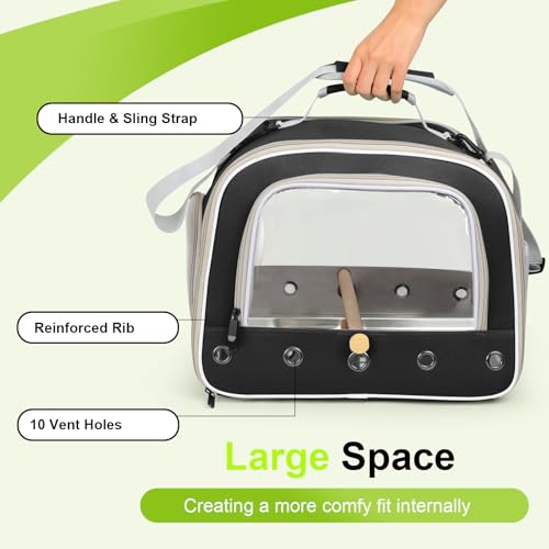 Bird Travel Carrier Cage for Medium Parrot, Portable Bag with Metal Tray to Carry and Transport Medium and Large Birds Like African Grey, Long Tail Cockatiel (Black, Large Carrier) - color: Black