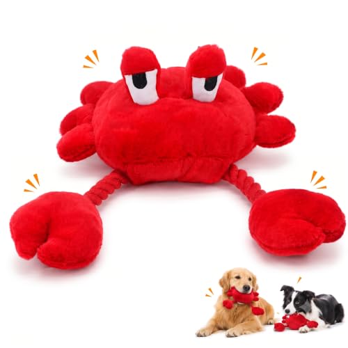 Squeaky Dog Plush Chew Toy, Interactive Tug Squeaky Toy for Chewers, Medium & Large Dogs & Fetch Play, 18.1 Inch Stuffed Crab Toy with Rope Twisted Claws for Gentle Gum Care & Boredom Relief, Red - color: Red (Crab)