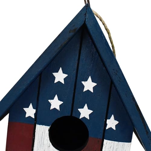 Patriotic Wood Bird House for Outside, US Flag Garden Decorative Wooden Bird House Hanging Birdhouse Home for Wrens and Small Birds