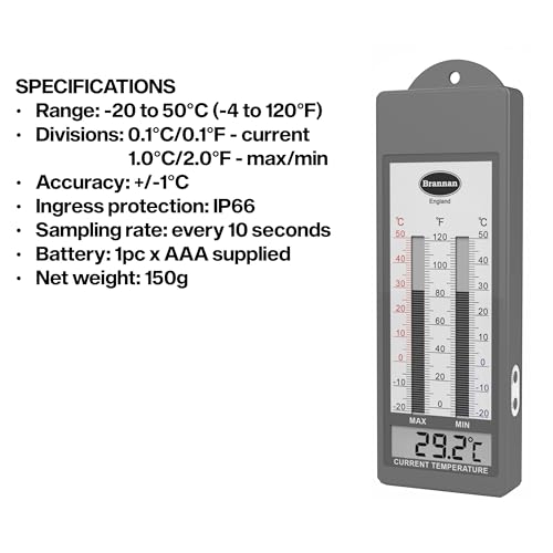 Brannan Waterproof Max Min Greenhouse Thermometer - Maximum Minimum Recording Thermometer Greenhouse Garden Outdoor Indoor