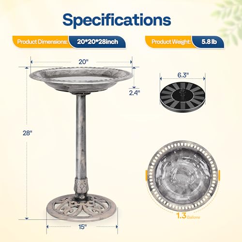 VIVOHOME Bird Bath with Solar Fountain for Outside, Pedestal, Gray | Solar-Powered Pump, Weather-Resistant Polyresin, 20-Inch Bowl, for Outdoor/Garden, Bird-Friendly, Easy to Clean - color: Gray