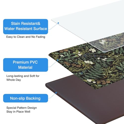 Green Botanical Anti Fatigue Kitchen Rugs, 17.3"x47"+17.3"x29" | Non Slip Comfort Washable Waterproof Fern and Leaves Floor Kitchen Decor Mat, Floral rug Set of 2 for Home, Sink, Laundry - color: Green Botanical