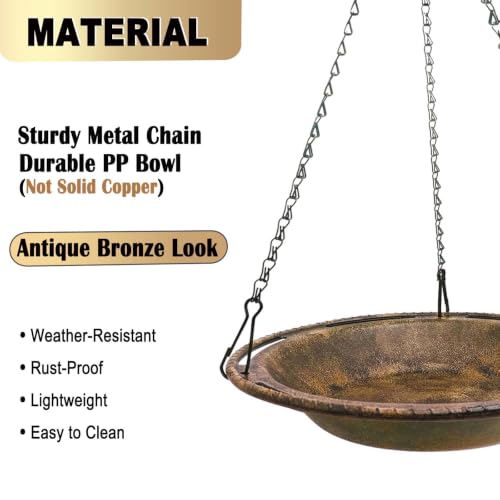 Hanging Bird Bath & Feeder Bowl, 12 in, Antique Bronze Look | Weather-Resistant PP, Backyard Garden Decor - color: Bronze