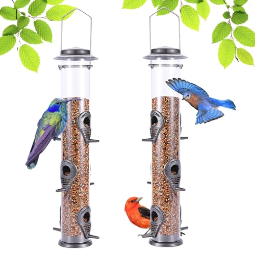 Metal Bird Feeder Tube Hanging Wild Bird Seed Feeder Aluminum Six Port Bird Feeders,1.4 mm Extra Thick Solid Tube Transparent with Steel Hanger Great for Attracting Birds (Grey 2PK) - color: Grey 2PK