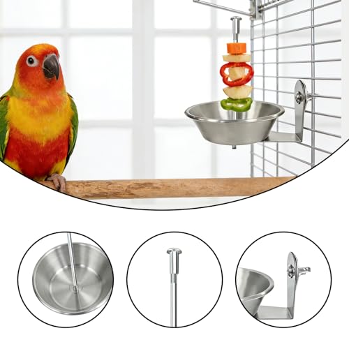 Stainless Steel Bird Cage Fruit Fork, Bird Water Feeder & Bird Bowl Set - Pet Parrot Vegetable Feeding Tool with Secure Cage Mount（2-Pack