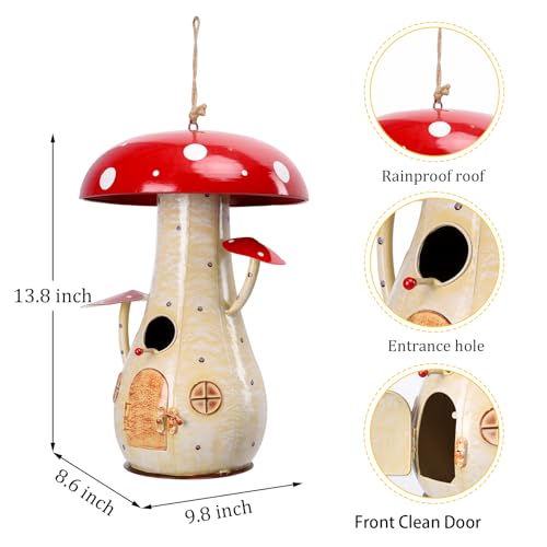 Yinns Metal Mushroom Bird House, Wild Bird Houses Outdoor Garden Decor | 13.8 Inch Big Bird Houses for Outdoors, Decorative Birdhouse for Home Garden Decor for Your Backyard Habitat - color: Red Mushroom