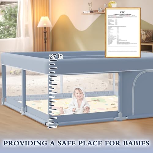 XVISHX 50 x 50 Inch Baby Playpen with Mat, Playpen for Babies and Toddlers, Baby Playard for Indoor & Outdoor Active Center Game Fence, with Skin-Friendly Fabric and Soft Breathable Mesh, Grey - size: 50×50 Inch With MAT