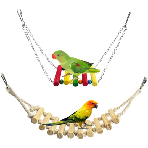 PINVNBY 2 PCS Bird Rope Ladder Bird Bridge Swing Hammock Toys Made of Natural Wood and Rope Parakeet Cage Accessories for Parrot Budgie Conure Cockatiel (Natural Wood) - color: White