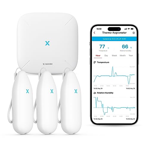 X-Sense Indoor Wi-Fi Thermometer Hygrometer, 3 Sensors & Base Station | Temperature Sensor with App Control, Data Export at No Charge, for Room, Wine Cellar, Basement Tracking - size: 3-Pack with 1 Base Station