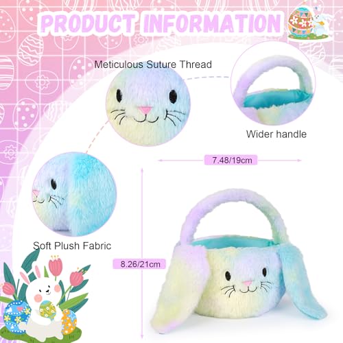 PRATIQUE Foldable Plush Easter Basket with Bunny Ears for Kids, Easter Egg Hunt Bucket with Handle, Cute Storage Bin for Candy, Toys & Gifts (Rainbow) - color: Rainbow