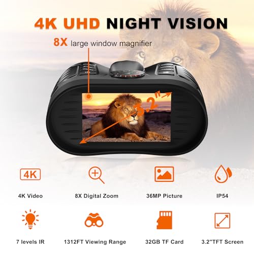 4K Night Vision Binoculars with Camera, 36MP Full Color Night Vision Goggles, 1314FT IR Night Vision, 3.2" Screen, Photo & 4K Video Recording for Bird Watching Camping Outdoor Exploration