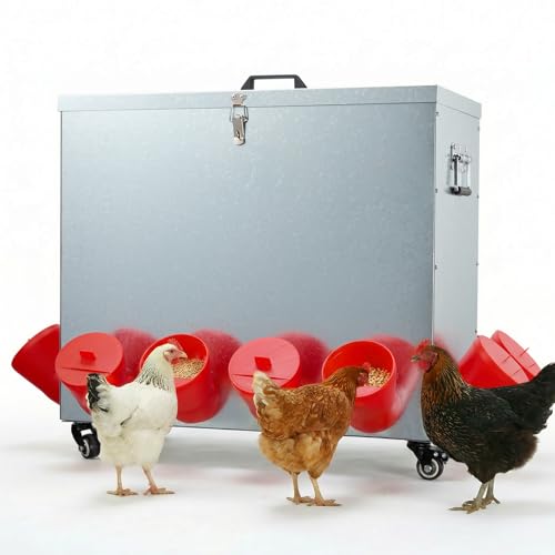 Magicfly 85 lbs Chicken Feeder No Waste, Large Metal Chicken Feeder Box | 12 Bell-Mouth Feeding Port, Grit & Oyster Shell Trough, Chick Feeder on Wheels for Chickens, Ducks - size: 85 lb