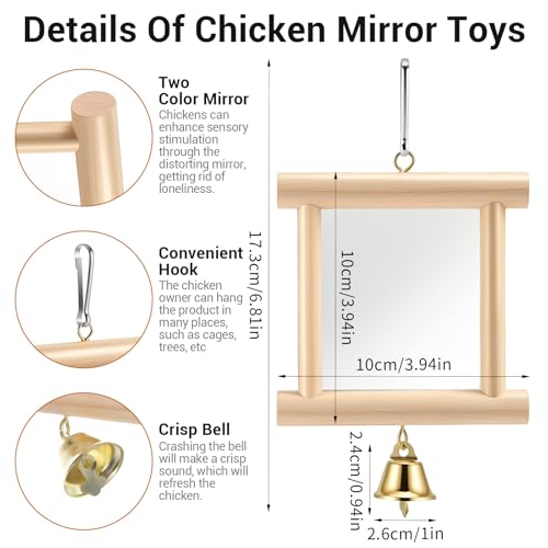 Bird Mirror with Bell for Cage for Coop Enrichment, 4 x4 Inch Hanging Swing Pet Mirror Chicken Enrichment Toys for Hens Birds Parrots(Wood Color) - color: Wood Color