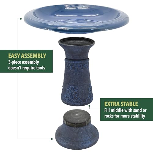 Arcadia Garden Products Fiberclay Bird Bath Outdoor Garden Decor, Antique Vintage Weather Resistant Water Bowl for Backyard and Patio and, 20-inch Tall, Blue - color: Blue