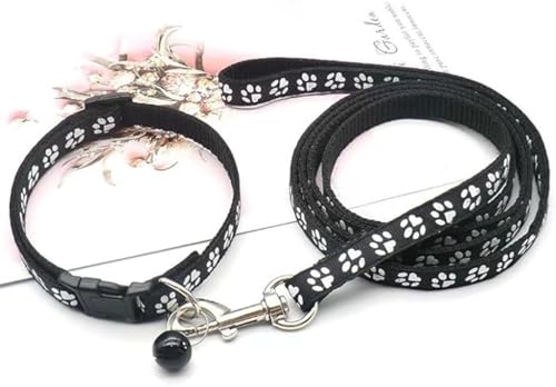 Black Puppy Collar with Bell Leash Set, Nylon Reflective Small Dog Collar Boy Paw Print for XXS Xs S Dog Kitten Pet Animal Tiny - color: Black