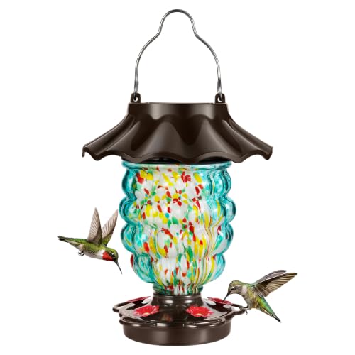 LUJII Solar Hummingbird Feeder for Outdoor Hanging, RGB Illuminated Hand-Blown Glass Lantern, 35 fl.oz, Leak-Free & Rust-Resistant, Metal Cap with 5 Feeding Ports, Pineapple Design, Teal - color: Teal