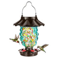 LUJII Solar Hummingbird Feeder for Outdoor Hanging, RGB Illuminated Hand-Blown Glass Lantern, 35 fl.oz, Leak-Free & Rust-Resistant, Metal Cap with 5 Feeding Ports, Pineapple Design, Teal - color: Teal