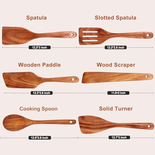 Flat Wood Spatula Set Teak Wooden Spoon for Cooking Utensils Slotted Turner | 6 Pcs Best Non Toxic Kitchen Utensil Set Scraper Spurtle Serving Turner Bamboo Cooking Spoons Egg Flipper Spatulas - color: 6 Pcs