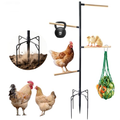Chicken Perch Stand for Coop, 55 in Heavy Duty Poultry Roosting Stand with 5-Leg Ground Stake Base, 4 Wooden Perches, Outdoor Chicken Roost Stand for Hens & Chicks
