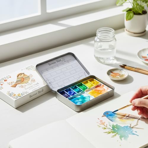 Bower Bird Travel Ceramic Watercolor Palette with Porcelain Mixing Tray, Metal Tin Box, White, 5.3x3.5x0.55 Inches, Portable Art Kit (8Well)