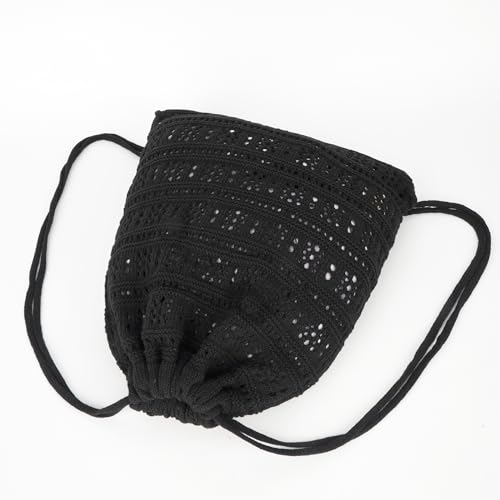 Lobagve Handmade Crochet Cotton Drawstring Backpack Boho Purse Leisure Daypack - color: Hollow Out-black
