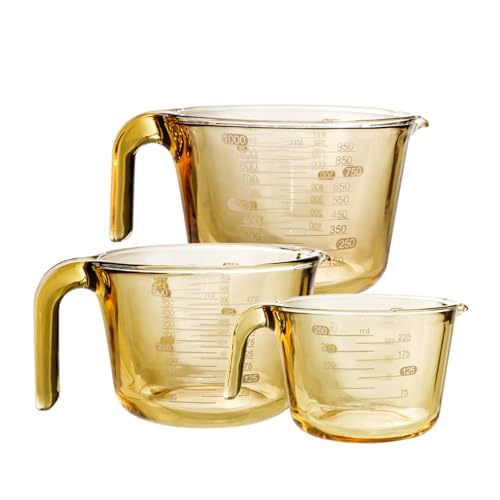 3-Piece Amber Glass Measuring Cup Set Kitchen Measuring Jug | Clear scale marking, match egg beater & flour measurer, dishwasher safe; 250ml,500ml,1000ml capacity - color: Amber