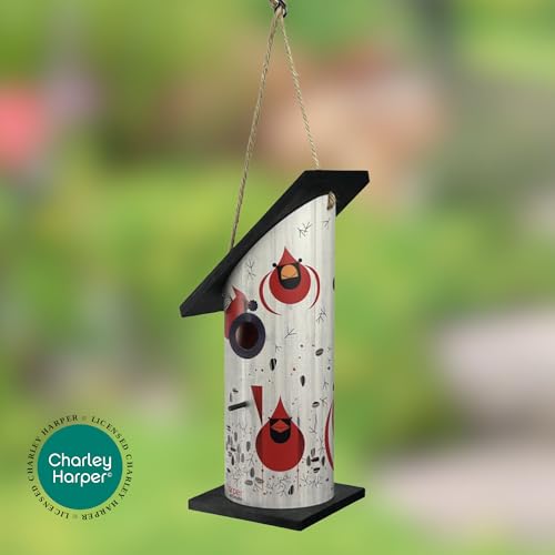 Red Carpet Studios Outdoor Bird House for Cardinals - Large Round Birdhouse, 20.5" Long, Cardinal Courtship by Charley Harper, Pine Wood and PVC Construction - color: Cardinal Courtship