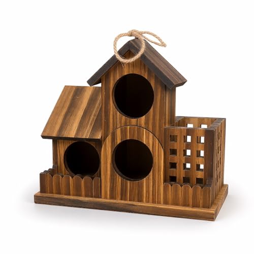 Outdoor Wooden 3 House Bird House, Carbon Wood for Hummingbirds Blue Birds and Other Small Birds, with Cleaning Gate, Food Storage, Garden Forest Natural Bird Watching Decoration