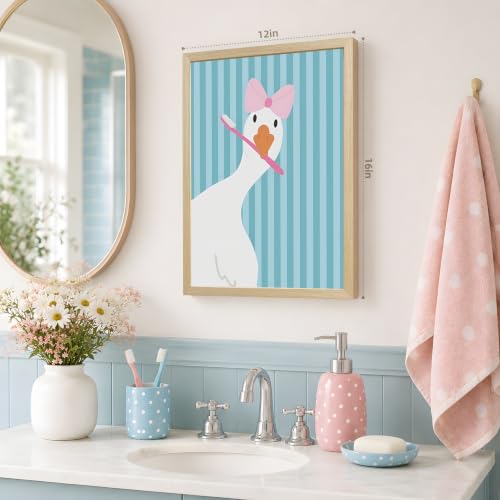 GELDSTEI Wood Framed Funny Brushing Teeth Goose Bathroom Wall Art 12x16 in | Funny Soft Tone Wall Decor, Pink Bow and Toothbrush Goose Art Print, Bathroom Decor for Nursery and Powder Room - color: Goose, size: 16"L x 12"W