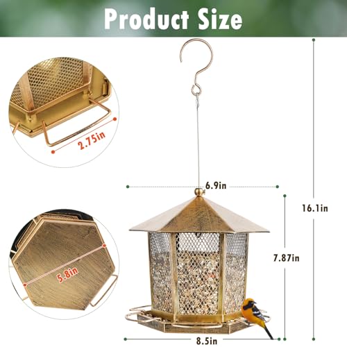 Hexagonal Gazebo Bird Feeders, Weatherproof Wild Bird Feeder for Outdoor | Unique Pavilion Style Metal Bird Feeder for Outside Hanging Garden Patio Backyard Lawn Decor