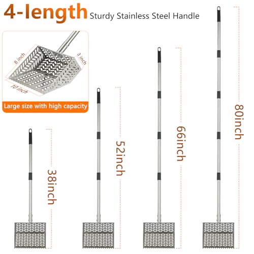 304 Stainless Steel Chicken Poop Scooper & Rake 2-in-1 with Spill-Proof Sides, 10 inch Coop Scoop - 38" to 80" Adjustable Handle & Perfect Sifting Holes