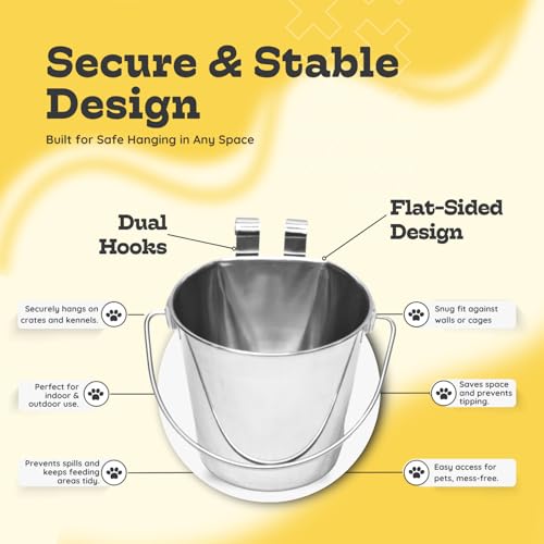 4 Quart Stainless Steel Flat Sided Bucket with Dual Hooks | 2 Pcs Durable Food & Water Bowl for Dogs Cats Goat & Livestock | Fits kennel Cage Critter Crate Hanging Pet Pail | Multipurpose - size: 4 Quart (Pack of 2)