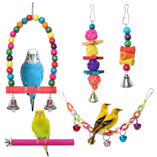 Bird Toys for Conures with Colorful Hammock Bird Cage Accessories Wooden Perch Stand Hanging Bell Birds Chewing Toys for Parrot Parakeet Budgerigar Cockatiel Lovebirds
