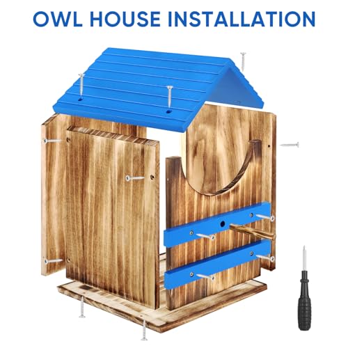 Owl House, Wood Screech Owl House Bird Box with Shavings Owls Boxes for Outside, Owls Nesting Box with Perch Stand & Mounting Kit for Wildlife Habitat Shelter Lovers(Blue) 13.5x7.5x8.7in