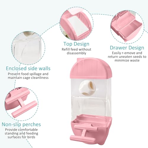 Tfwadmx No Mess Automatic Bird Feeder for Cage Transparent Food Container Parrot Water Dispenser Cage Accessories for Cockatiels, Finches, Budgies Canaries (Pink)