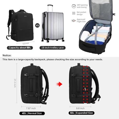 MOLNIA 50L Expandable Travel Backpack for Men Women, Carry On Backpack Airline Approved, Suitcase Backpack with Packing Cubes, Water Resistant Luggage Backpack Daypack Weekender Bag, Black - color: Black With Packing Cubes