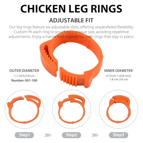Chicken Leg Rings, 100 pcs, Numbered Tag Markers, Orange | Adjustable Foot Label, With Buckle, Clip-on Band, For Poultry Pigeon Chicks Bantam Duck Goose
